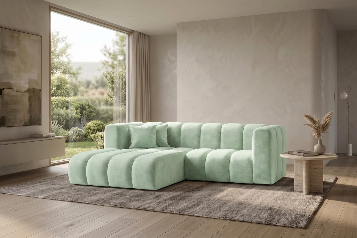 ECKSOFA Modulares In L-Form, Velvet-Stoff Riviera, Mintz, Links, GRAND - Mintgrün, Holz (227/179cm) - Kaiser Möbel