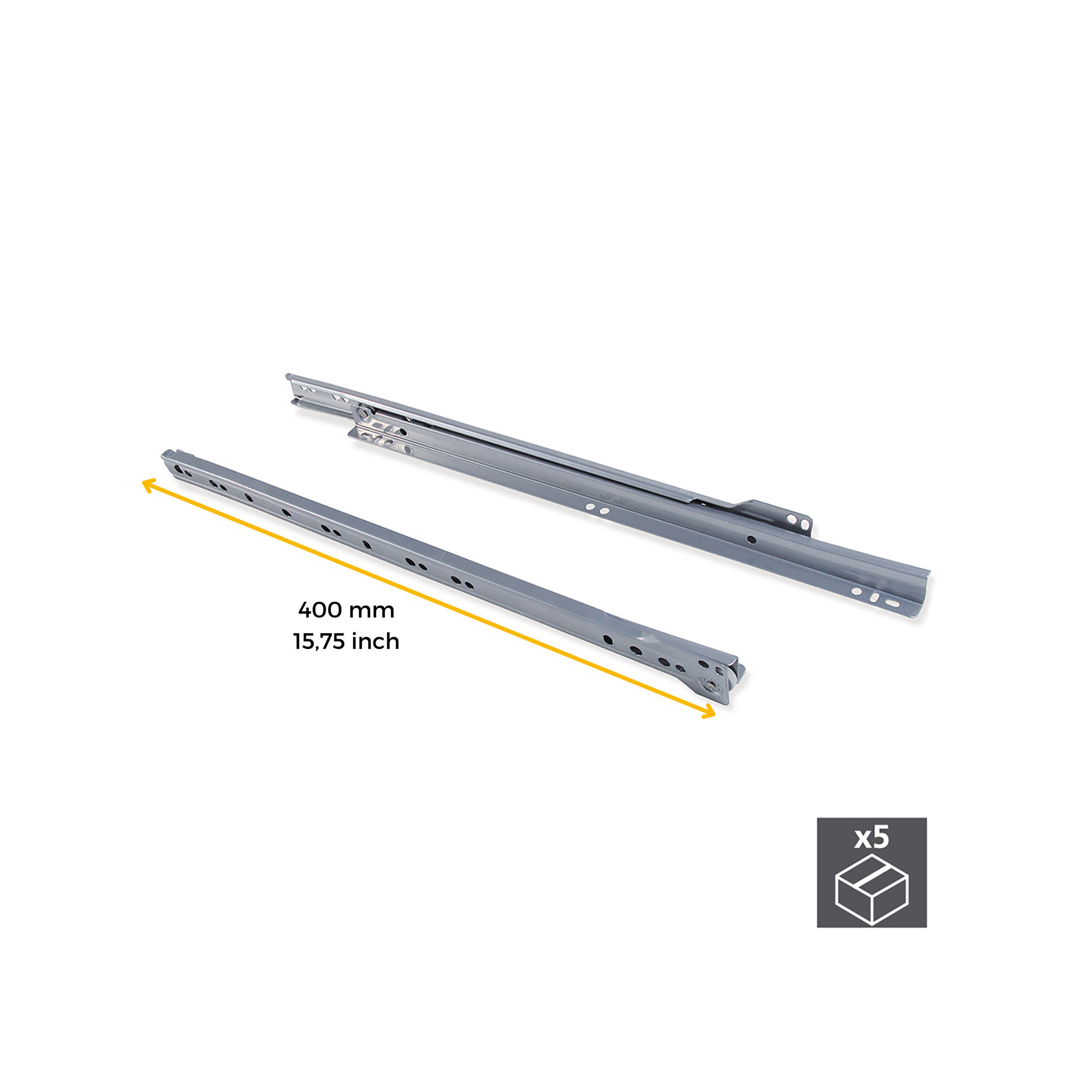 SCHUBLADENFÜHRUNGEN T30, Drop Lock, Länge 400mm, TeilVollauszug, Stahl, Metallic Grau 5er-set - Silberfarben, Metall (1.3/4/40cm) - EMUCA