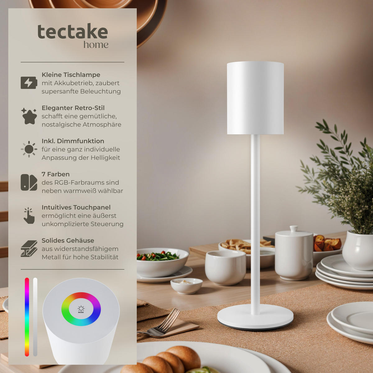 AKKU-TISCHLAMPE Corly,10 x 37 cm,weiß - Weiß, Metall (10/10/37cm) - tectake