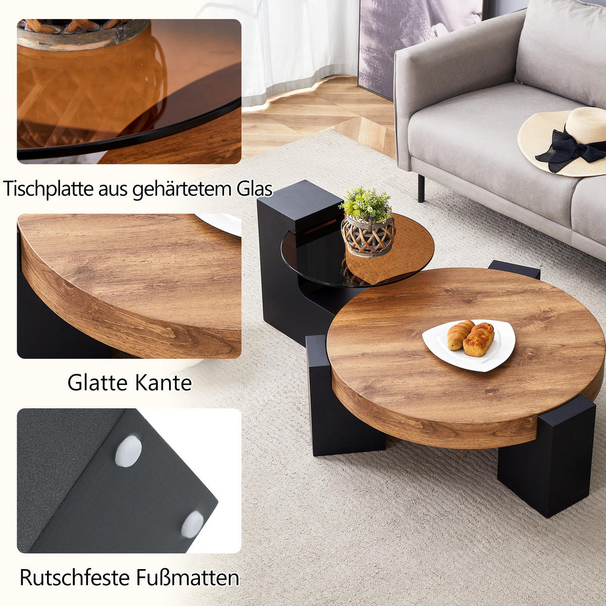 COUCHTISCH-SET rund 61/30 cm & 44/44 cm aus MDF und Glas mit 2 Ebenen - Schwarz, Holzwerkstoff (61/61/30cm) - Flora Grace