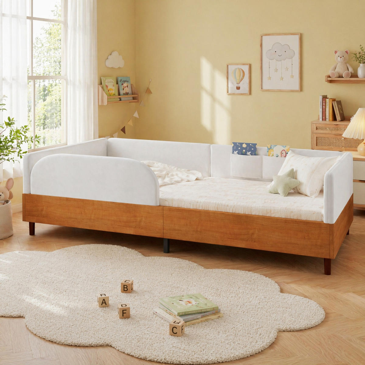 POLSTERBETT 90/200 mit 2 Stautaschen, umrandetem Design und Samt-Holz-Kombination in Weiß - Weiß/Naturfarben, Holzwerkstoff/Textil (90/200cm) - EVRYAE