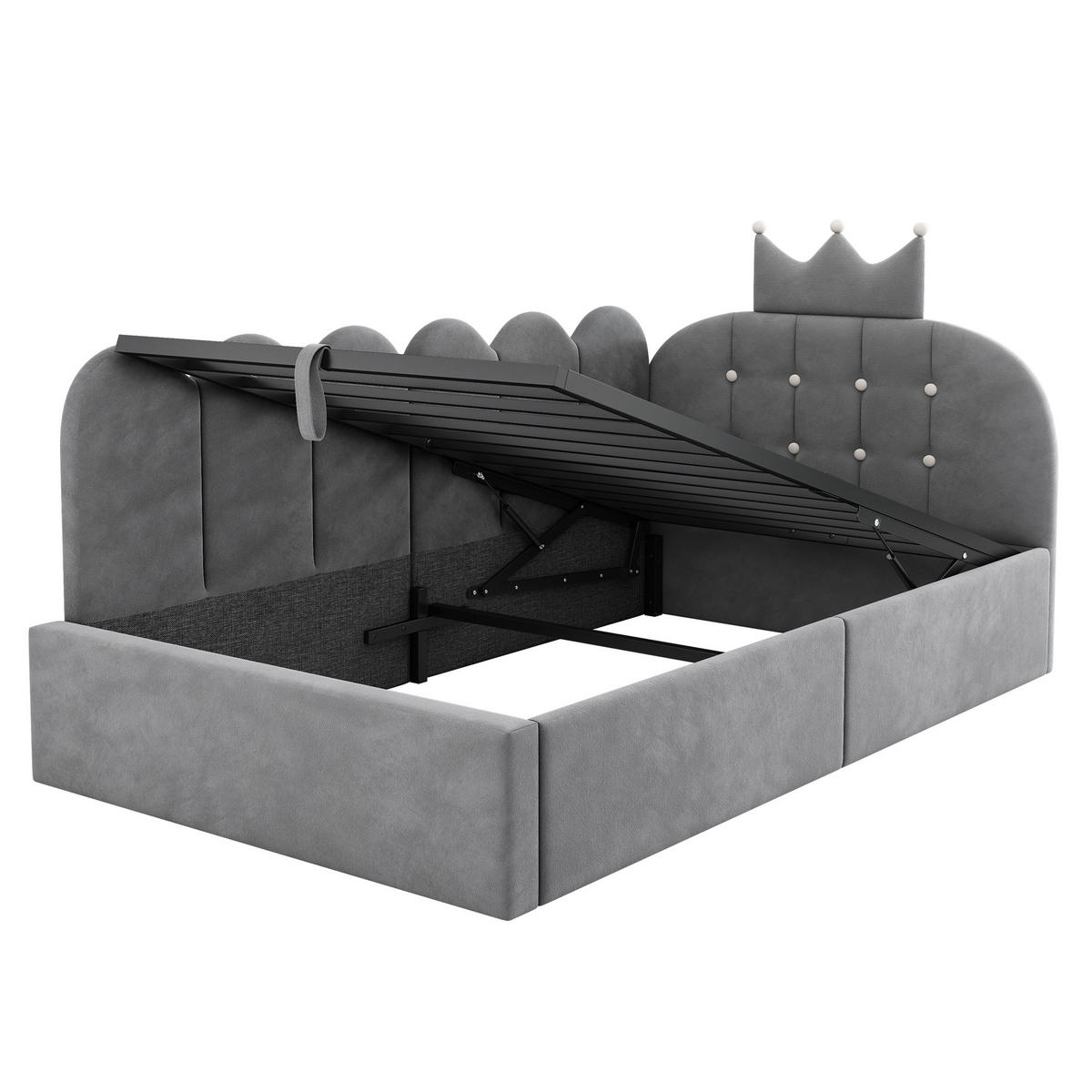 POLSTERBETT 90/200 cm aus Samt mit hydraulischem Stauraum und Kronen-Gitter-Design, Grau - Grau, Holz (90/200cm) - Redom