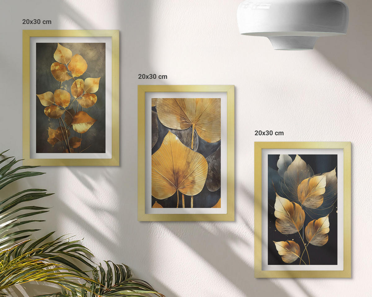 BILDER SET 3er Set - 20x30 cm Goldrahmen - Gelbe Blätter auf dunklem Hintergrund - Goldfarben, Kunststoff (20/30cm) - TULUP