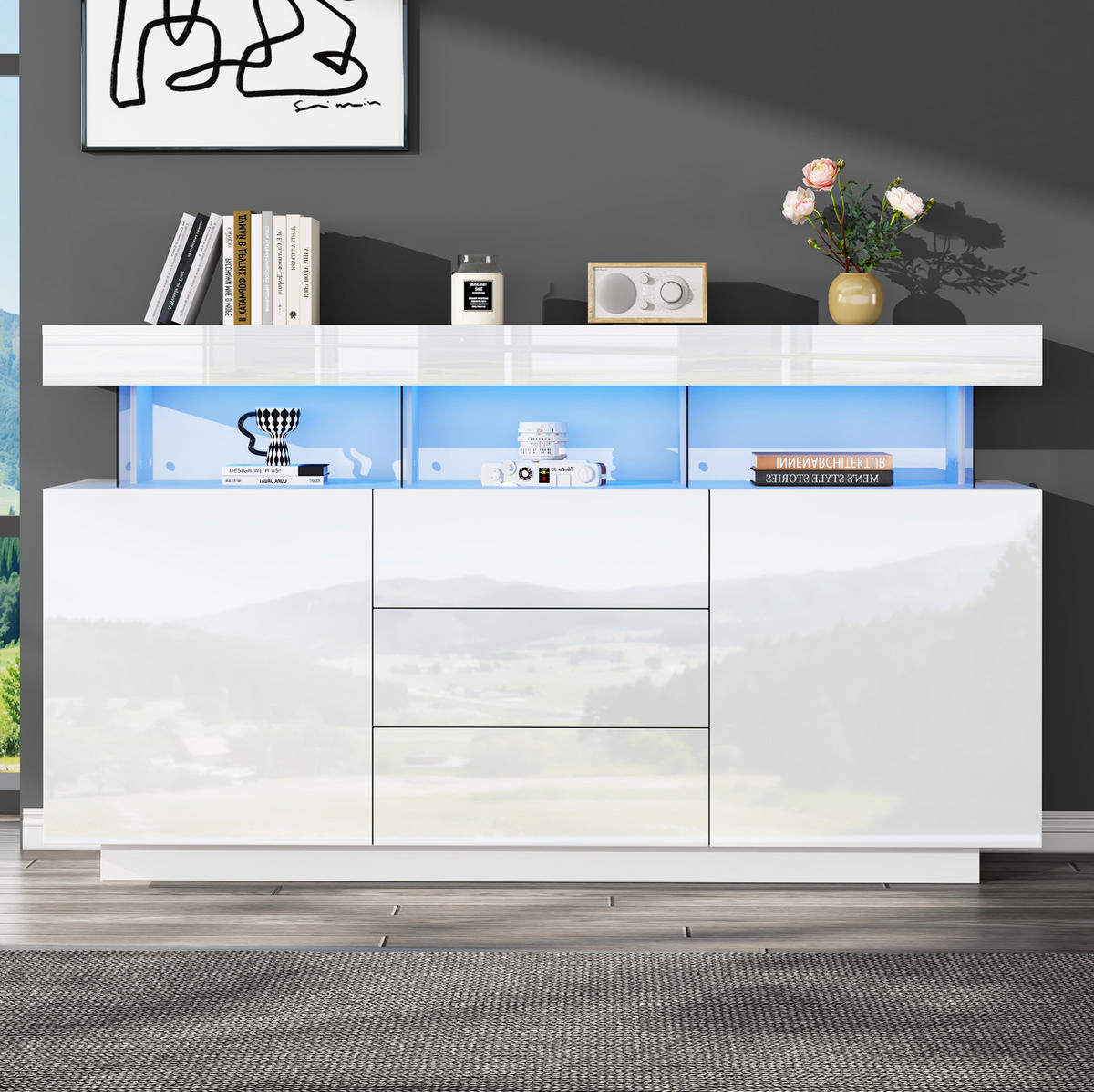 SIDEBOARD 140/35/80 cm weiß aus Spanplatte mit Acryl und LED - Weiß, Holzwerkstoff (140/80/35cm) - OKWISH