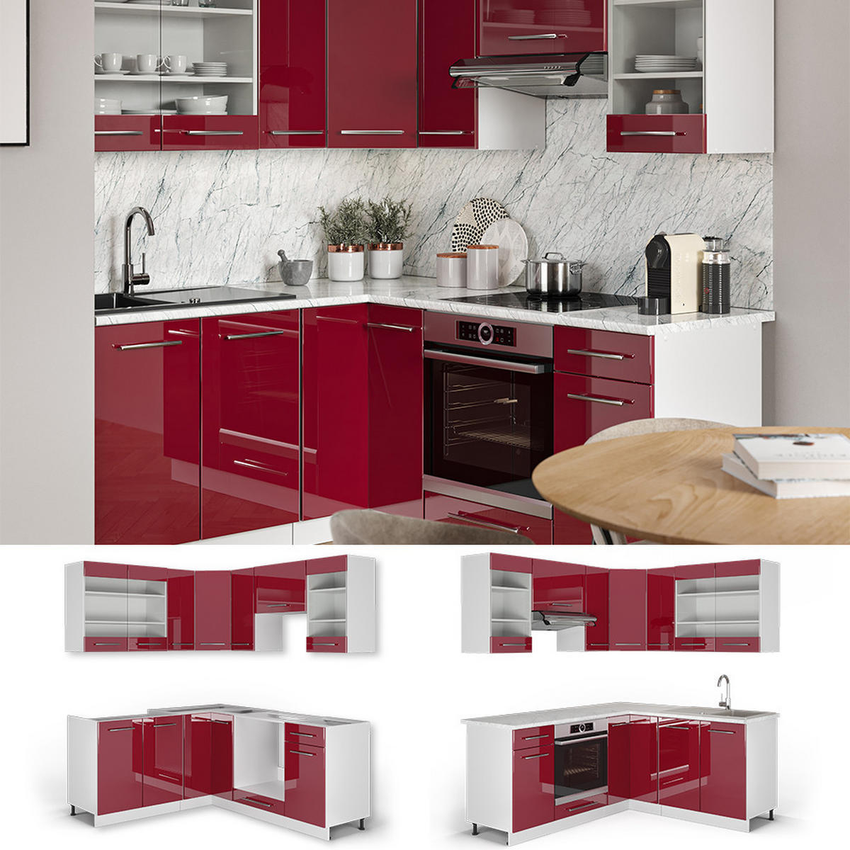 ECKKÜCHE Fame-Line Bordeaux Hochglanz/Weiß 160 x 190 cm, AP Anthrazit - Bordeaux/Weiß, Holzwerkstoff (190/81.6/60cm) - Vicco