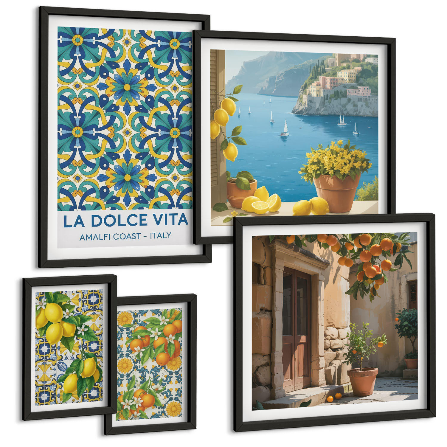 BILDER SET 5er Set - 50x50 cm & 20x30 cm & 40x60 cm Schwarzer Rahmen - Farbenfrohe abstrakte Zitrusfrüchte - Schwarz, Kunststoff (40/60cm) - TULUP