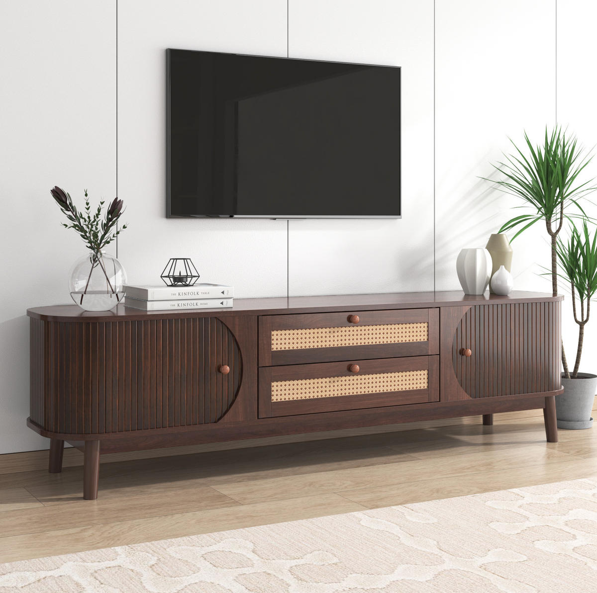 LOWBOARD 170/39,5/46 cm aus MDF mit Rattanfronten und Schiebetür Naturfarben - Naturfarben, Holzwerkstoff (170/46/39.5cm) - Modenvie