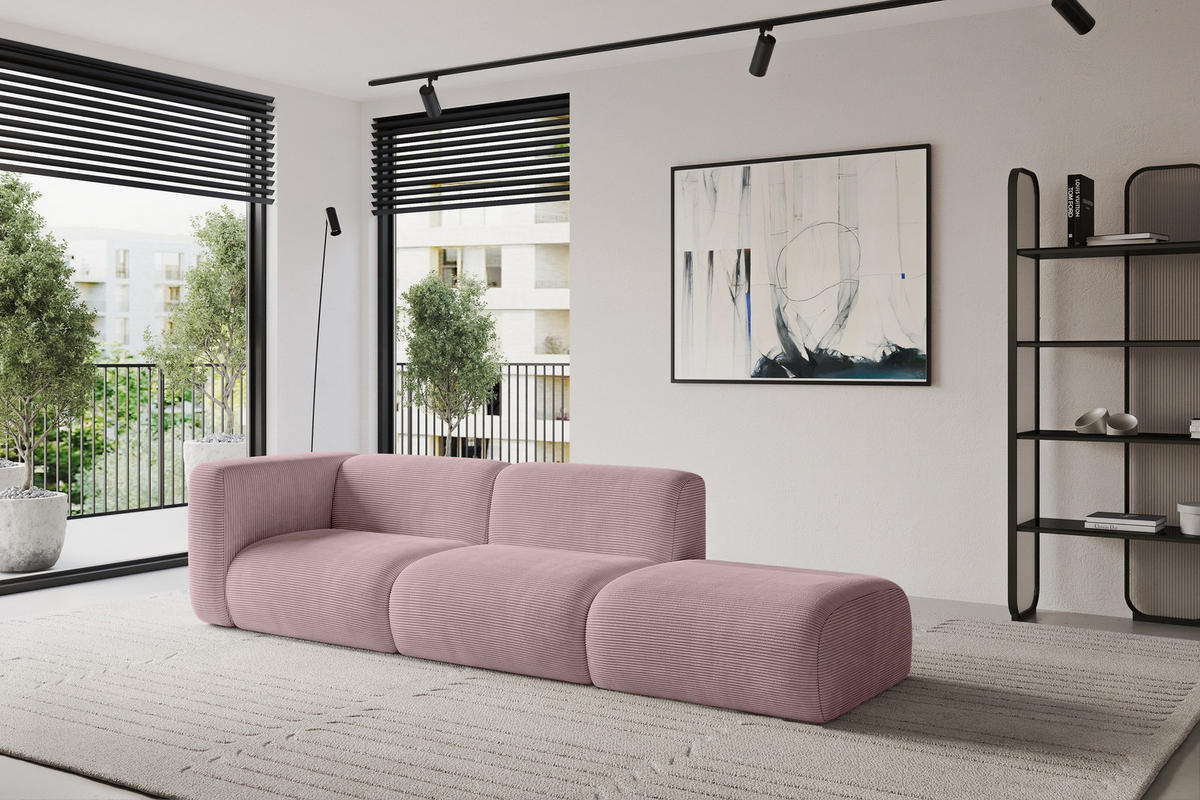 SOFA Ottomane Links MIRA-S3 296x89x70 Rosa Cord - Schwarz/Rosa, Holzwerkstoff/Kunststoff (296/70/89cm) - ALTDECOR