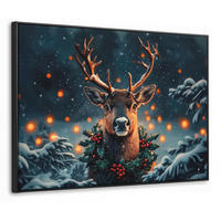 LEINWAND Bilder mit Rahmen - Hirsch - Weihnachten - Winter - Schnee - Weihnachtskranz - 70x50 - Dunkelbraun, Textil (70/50cm) - MuchoWow