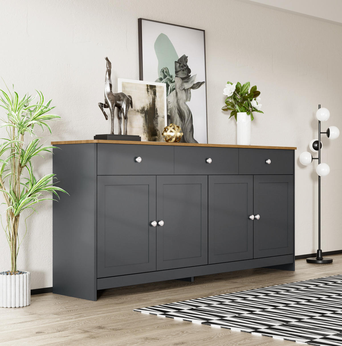KOMMODE aus MDF 160x37x75cm in Schwarz mit 3 Schubladen - Schwarz, Holzwerkstoff (160/75/37cm) - Modfu