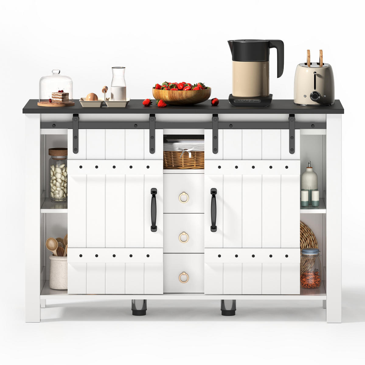 SIDEBOARD 120/40/80 cm Weiß mit Schiebetüren und 3 Schubladen - Weiß, Holz (120/80/40cm) - Oxeza