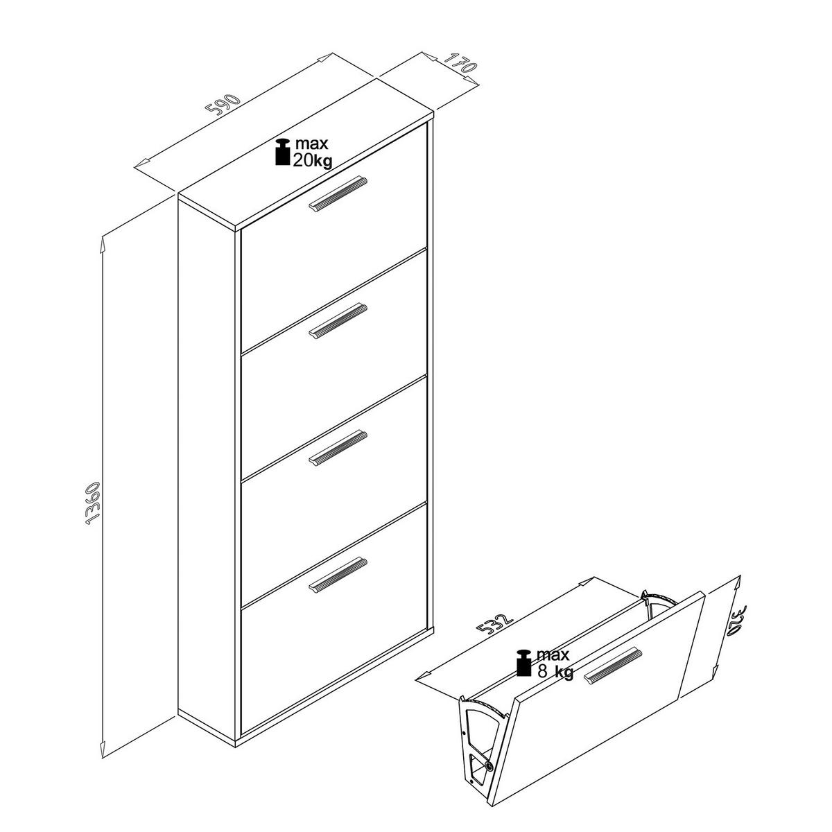 SCHUHKIPPER - 59 cm - Weiß - Silberfarben/Weiß, Holzwerkstoff/Kunststoff (59/136/17cm) - home24