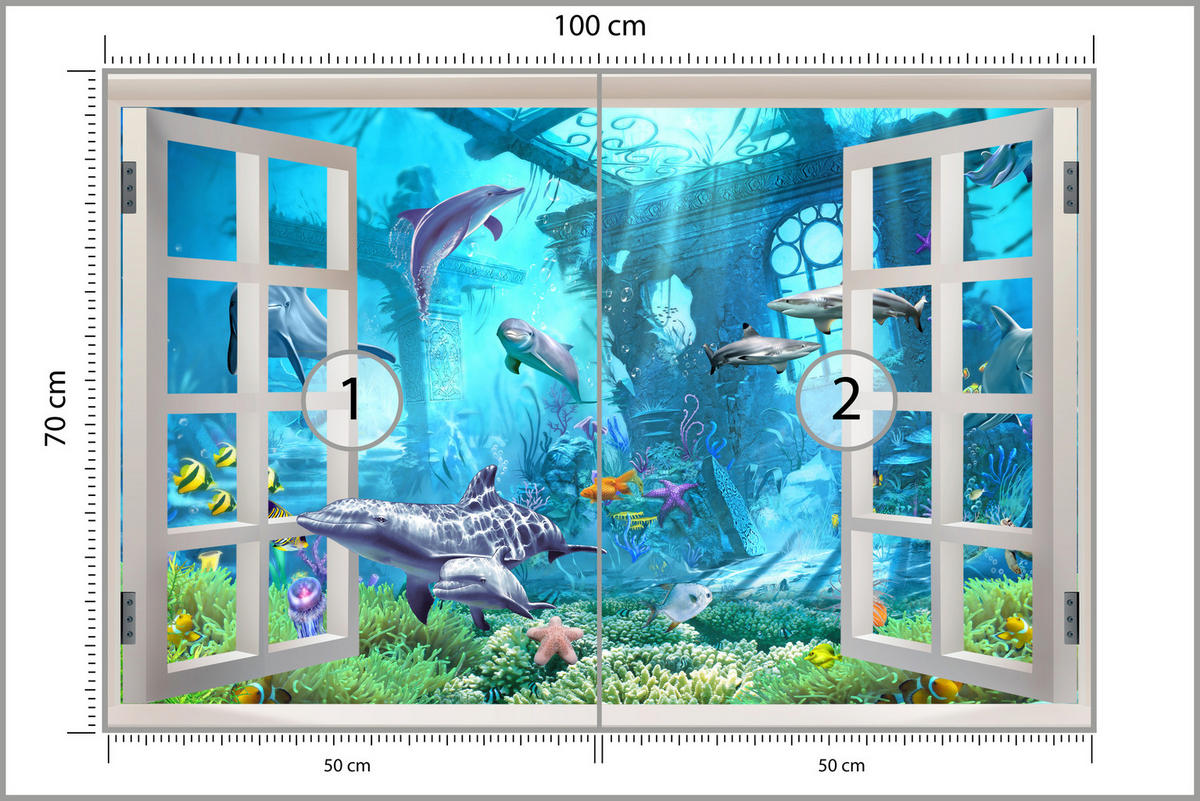 FOTOTAPETE für Schlafzimmer Fenster Unterwasserwelt Delfine Riff 100x70 - Blau/Weiß, Papier (100/70cm) - Muralo