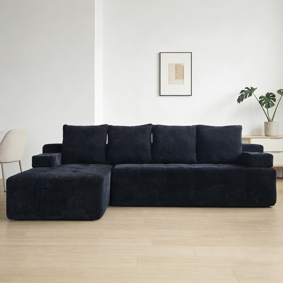 ECKSOFA Chenille Schwarz mit Becherhaltern und Seitenfach - Schwarz, Textil (260/168cm) - WISHDOR
