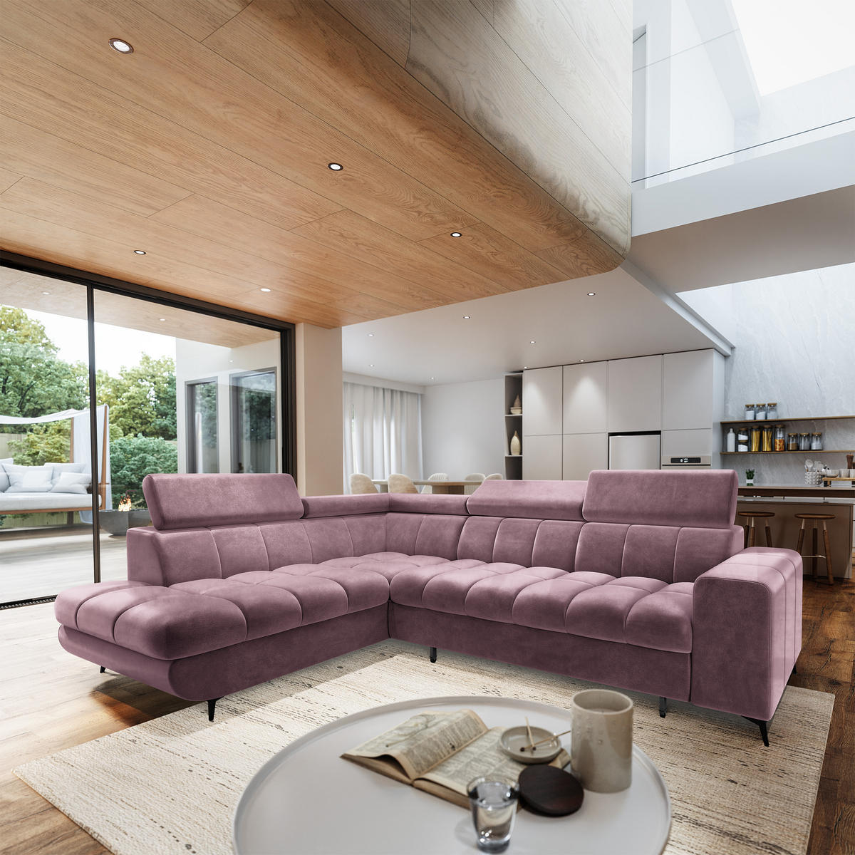 ECKSOFA MORIVA L-S Lila Velours-Stoff mit Schlaffunktion - Lila, Holz (253/190cm) - MASSENO