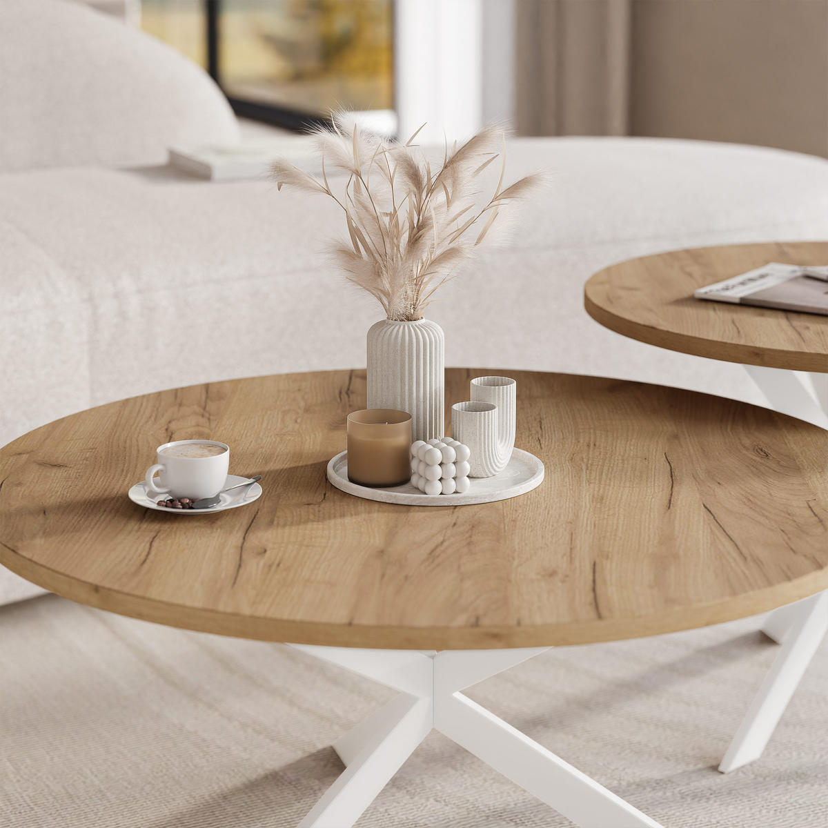 COUCHTISCH rund auf MDF, Kraft Eiche - Braun/Weiß, Holzwerkstoff (75/75/36cm) - Idohome