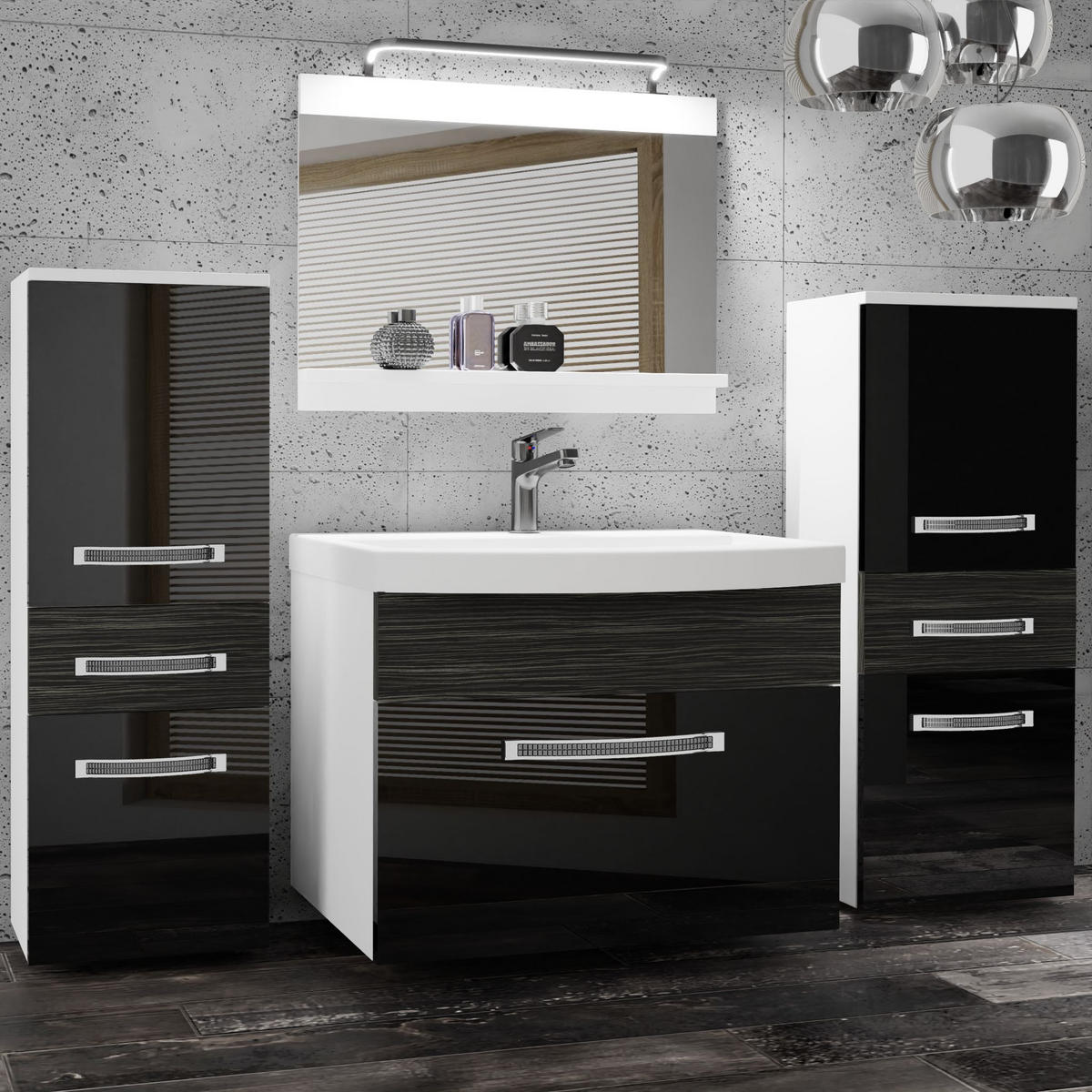 BADMÖBEL Badezimmer Schwarz Ebenholz Glänzend Matt - Schwarz Hochglanz, Holz (140/81/40cm) - B BELINI GROUP