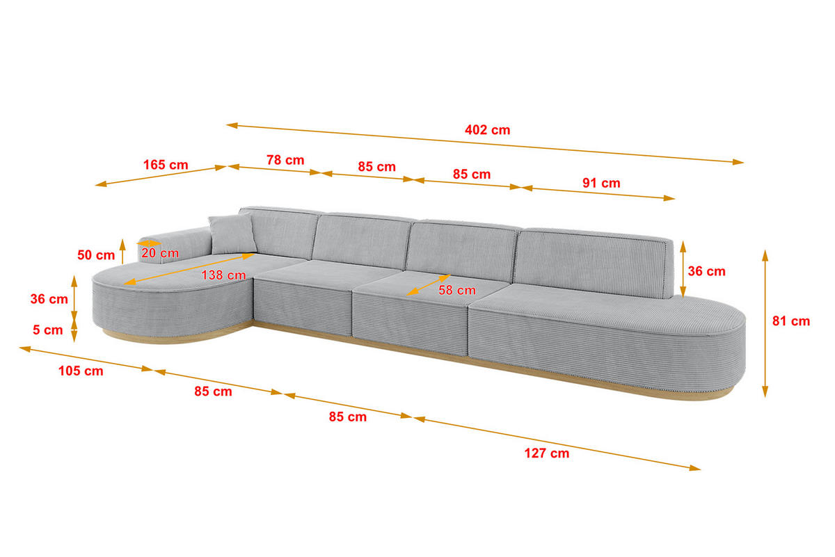 ECKSOFA Ottomane Links MARI-L3-v2 - 413x171x83 cm Grau Cord - Grau, Holzwerkstoff/Textil (413/171cm) - ALTDECOR