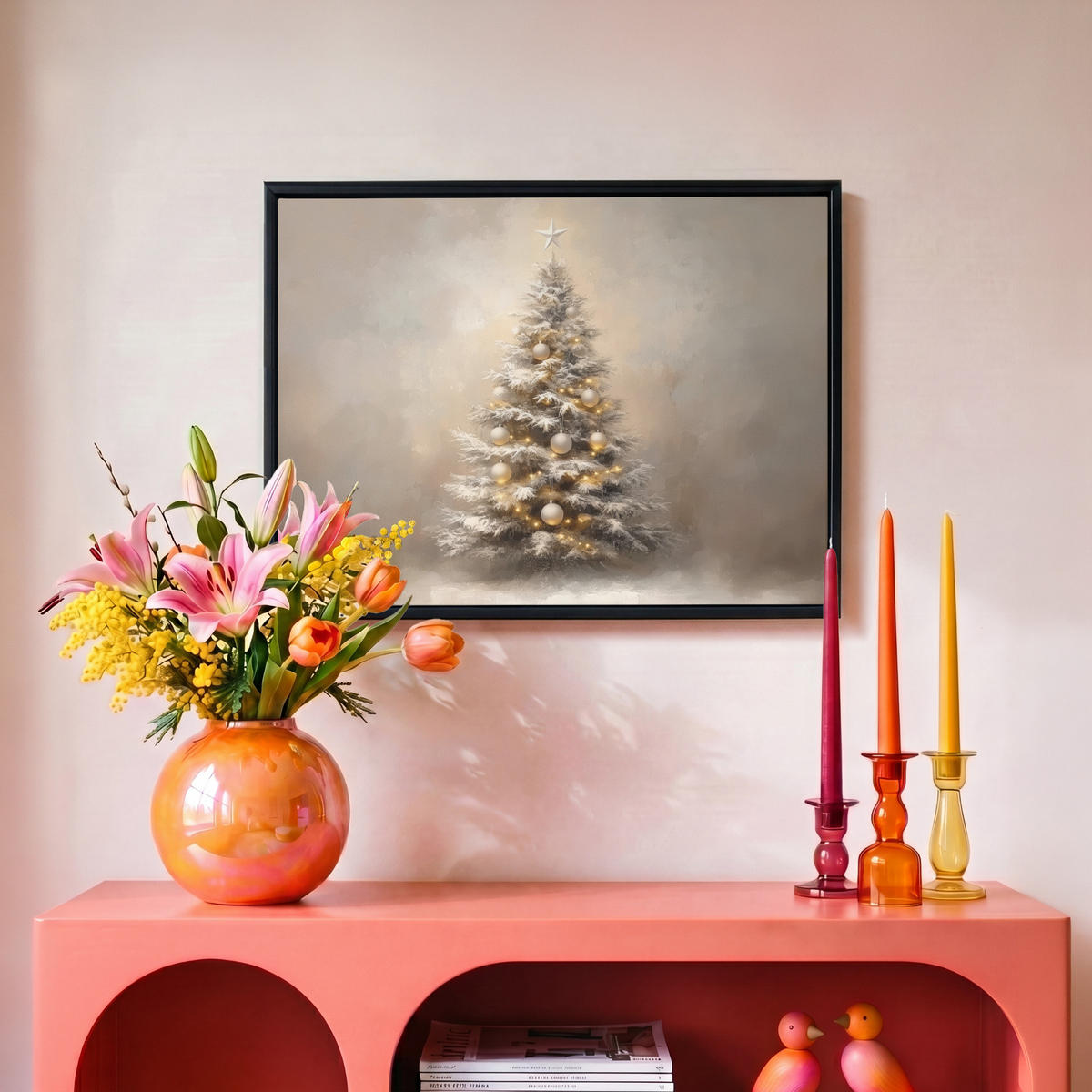 LEINWAND Bilder mit Rahmen - Weihnachten - Weihnachtsbaum - Schnee - Kunst - 40x30 - Champagner, Textil (40/30cm) - MuchoWow