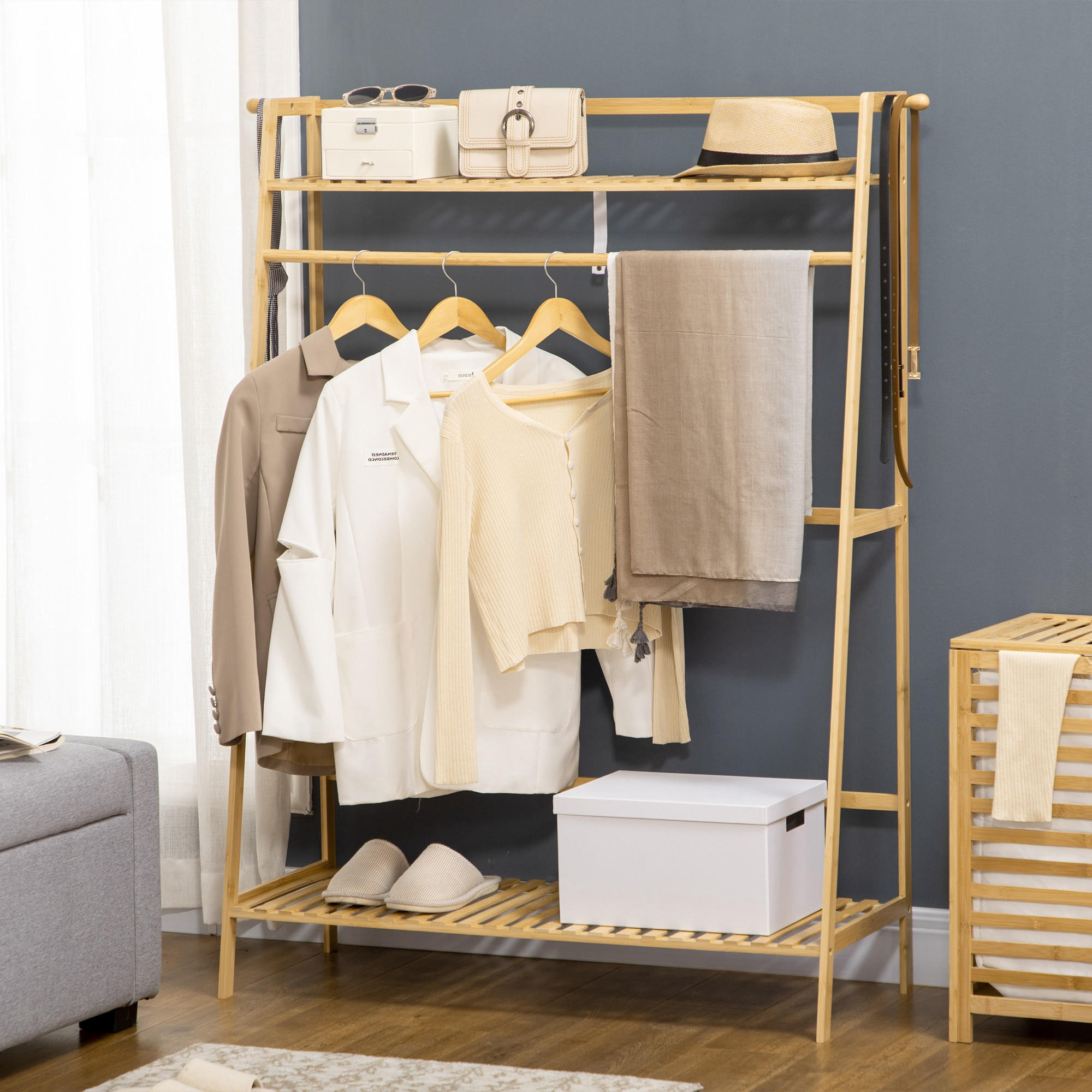 Thumbnail - Homcom Kleiderständer, Natur, Naturmaterialien, 40x139x114 cm, Garderobe, Garderobenständer
