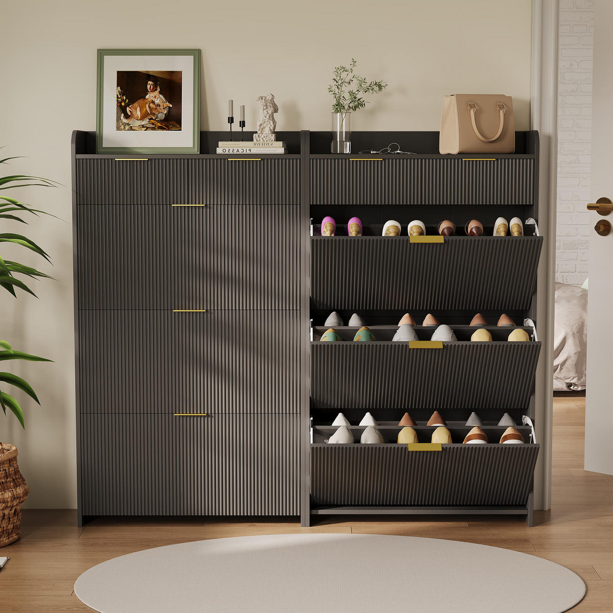 SCHUHSCHRANK modern, schwarz, obere Ablage, 1 Schublade, Fachaufteilung, praktisch - Schwarz, Holz (77.1/133.5/24.2cm) - EuroLiving