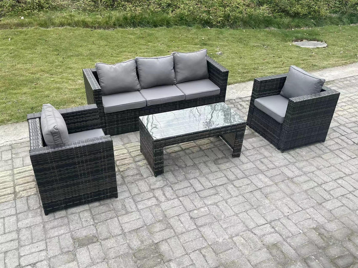 GARTENMÖBELSET mit Couchtisch Polyrattan 5-Sitzer - Dunkelgrau/Grau, Glas/Kunststoff - Fimous