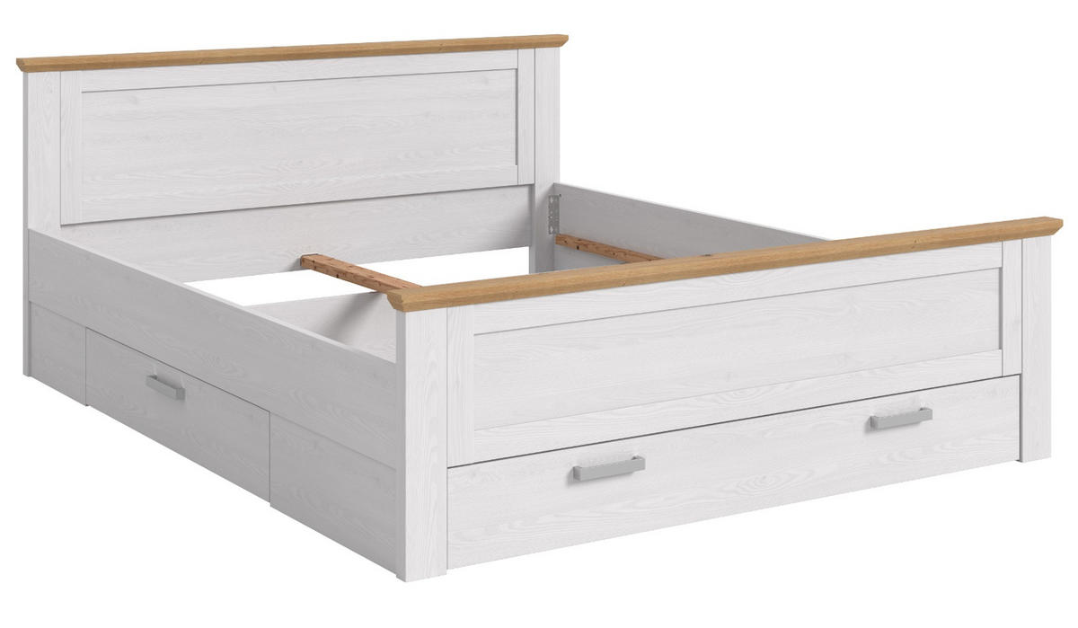 BETT weiß Lärche, Eiche Artisan Landhaus Liegefläche 180 x 200 cm, Doppelbett mit 3 Bettschubkästen - Eichefarben/Weiß, Holzwerkstoff/Metall (180/200cm) - Inn.Furn