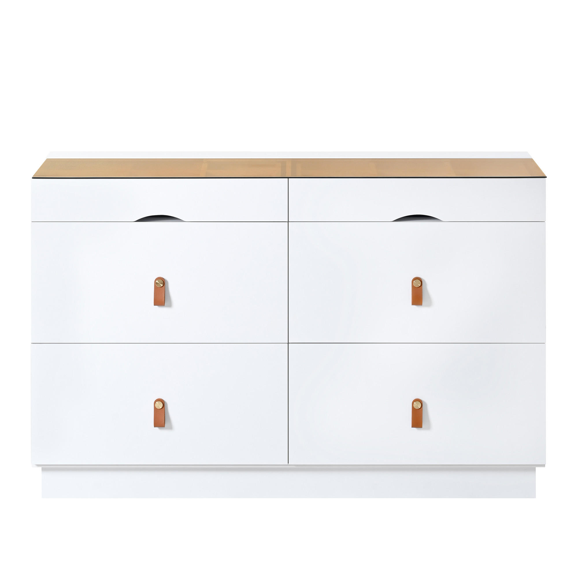 Urban Meuble SIDEBOARD bílý se skleněnou deskou 120 cm, 6 zásuvek a přihrádka na šperky