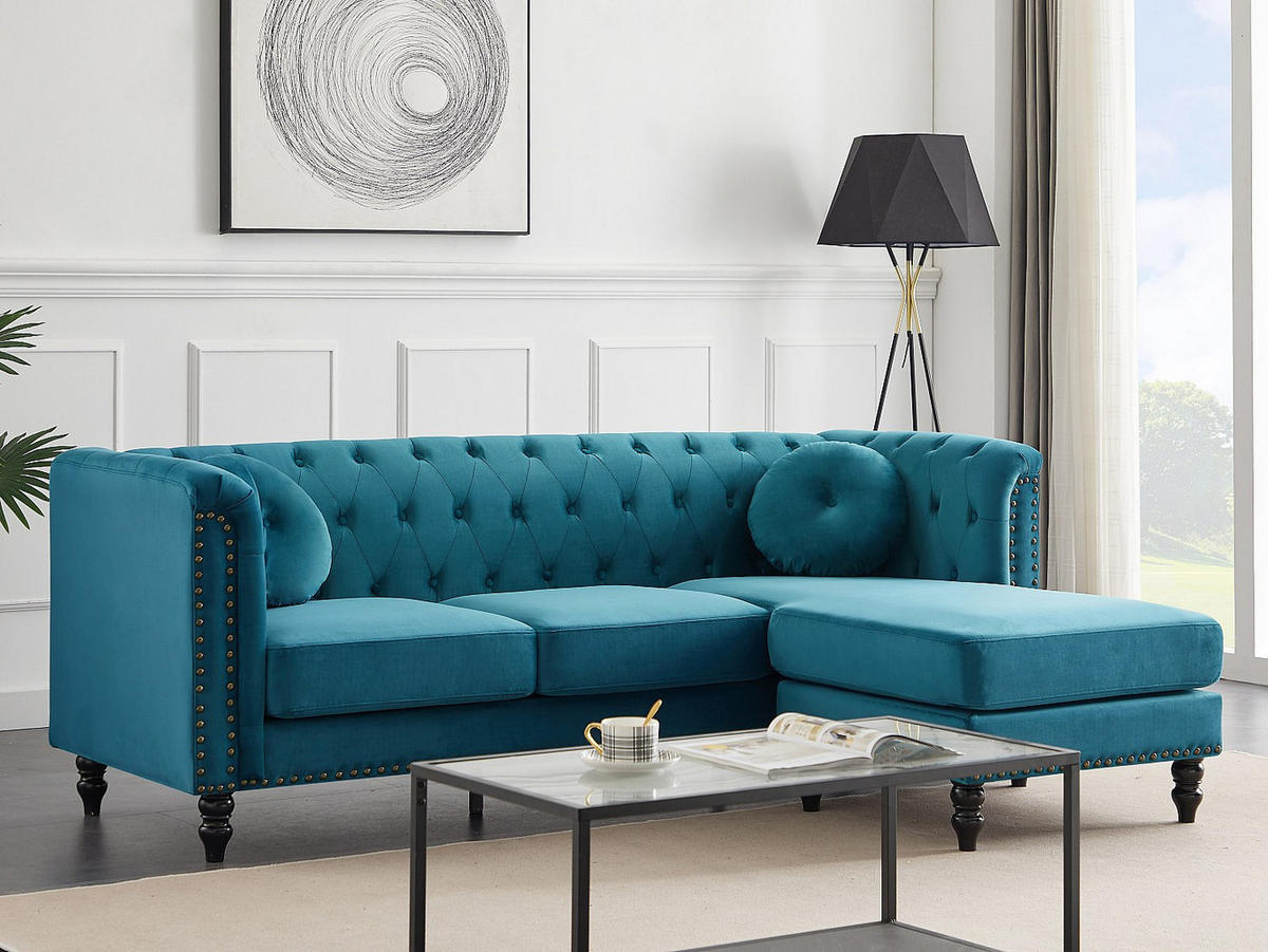ECKSOFA - Ecke wechselbar - Samt - Dunkelblau - TURNER - Blau, Textil (222/144cm) - Vente-Unique