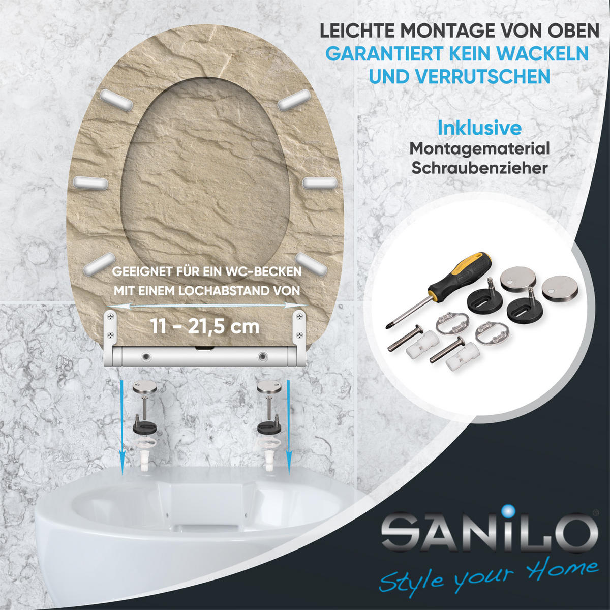 WC-SITZ mit Absenkautomatik & Top Fix Sand Stone - Braun, Holzwerkstoff (37.7/5.5/48cm) - Sanilo