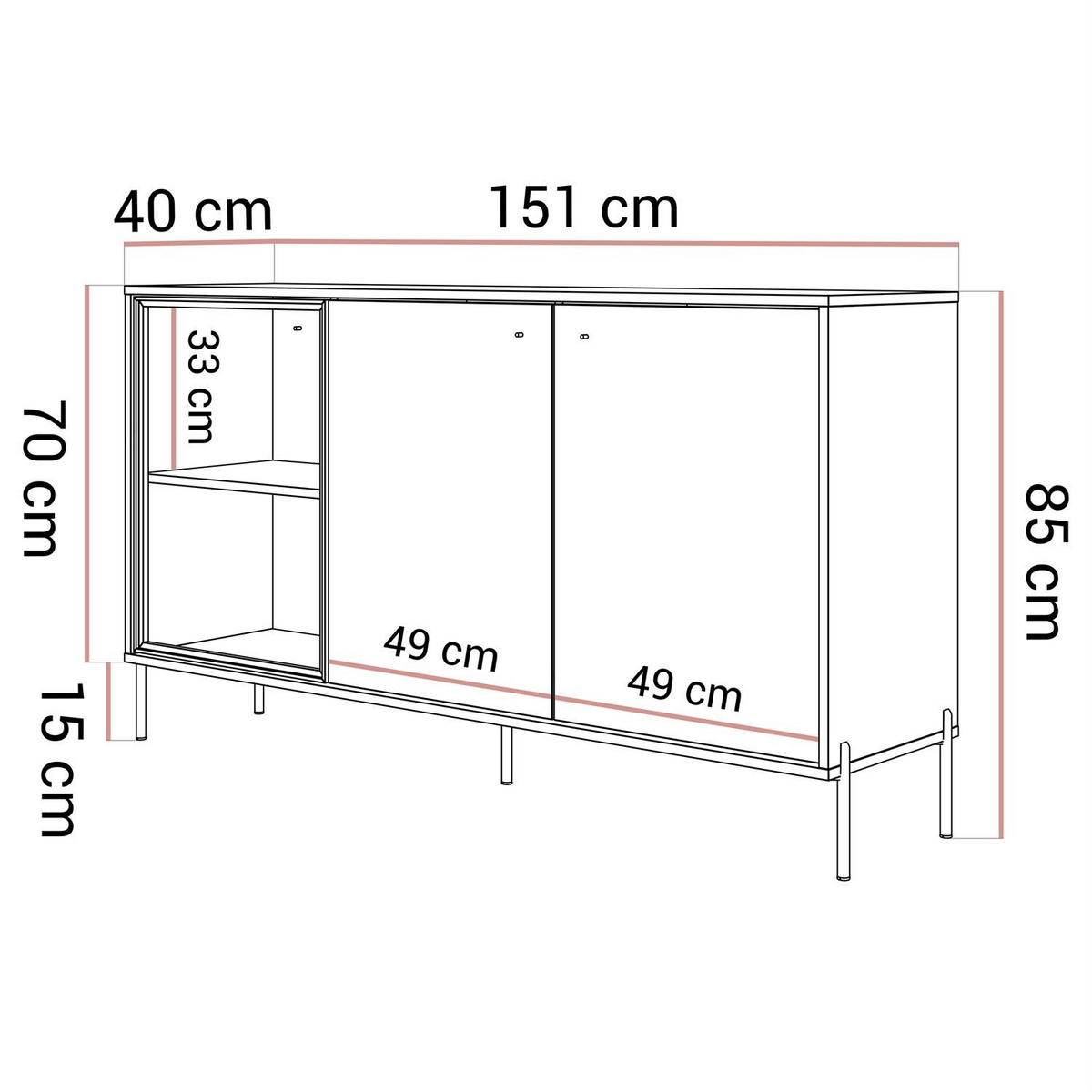 KOMMODE ISA 3D, dreitürig mit LED-Beleuchtung auf hohen Beinen. - Eichefarben, Holzwerkstoff (151/85/40cm) - Lookway
