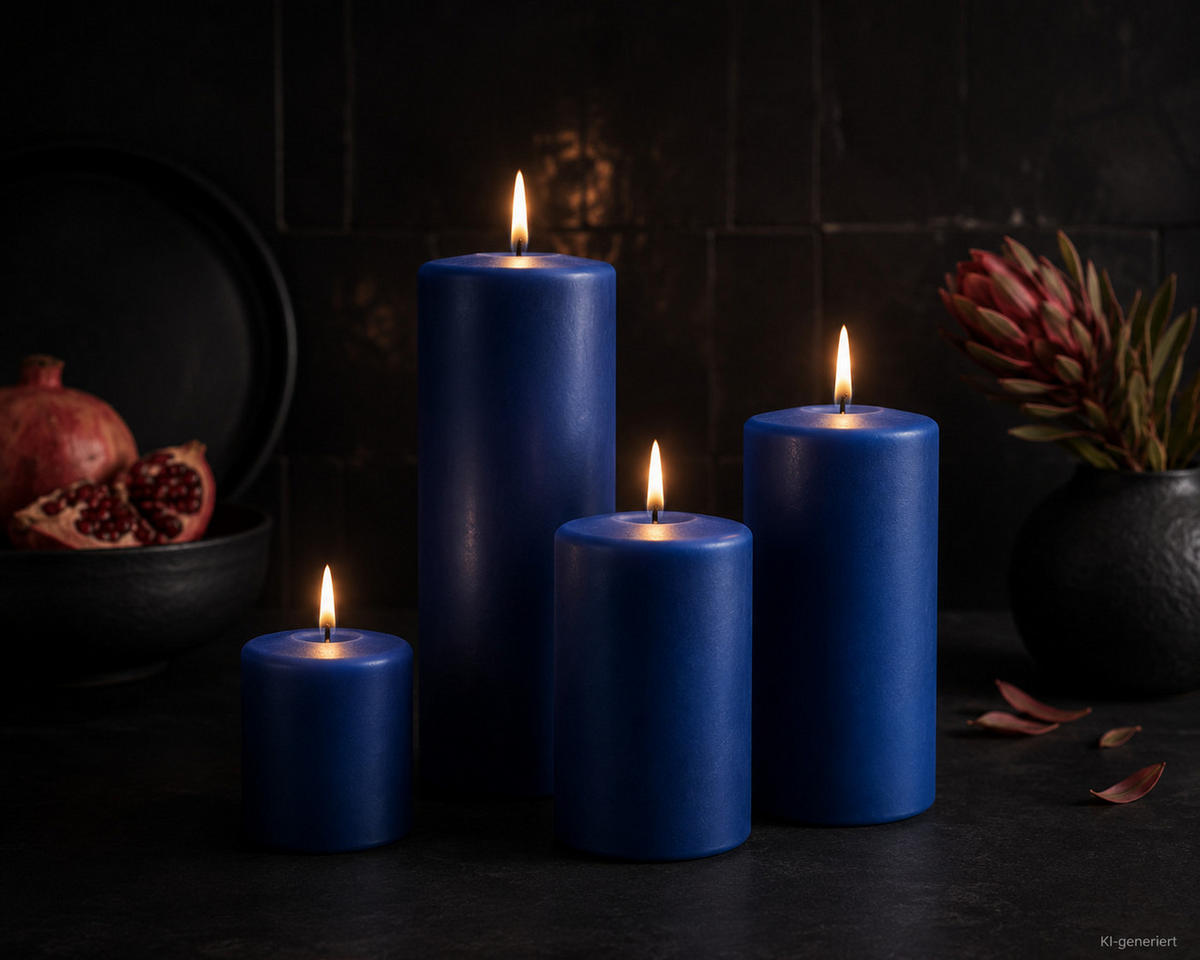STUMPENKERZEN Samt-Lack Midnight Blue 12 x 6 cm, 4er Set - Blau, Paraffin (6/12/12cm) - Kopschitz Kerzen