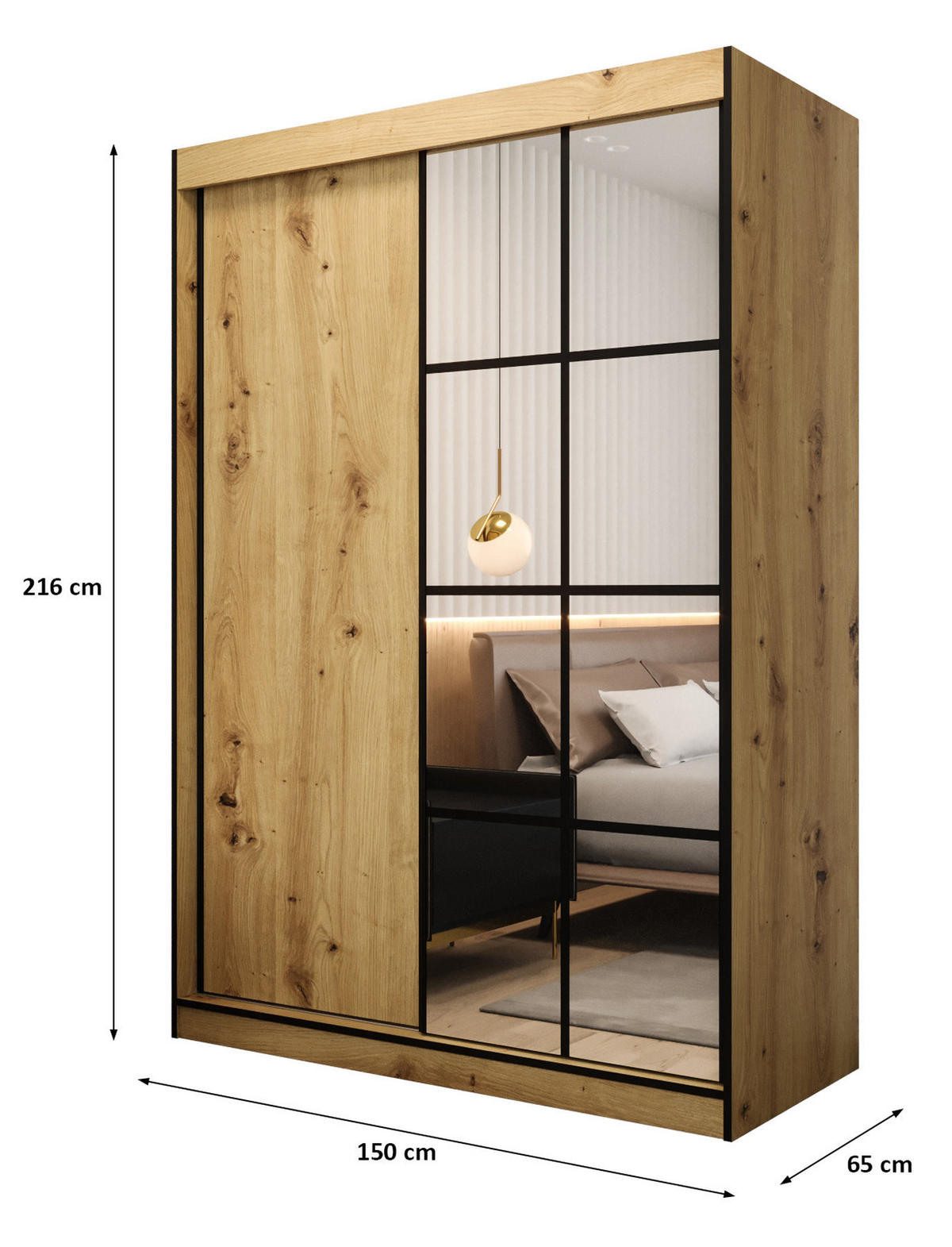 SCHIEBETÜRENSCHRANK MODENA 2 150, 2-türig Kleiderschrank mit 1 Spiegel, Moderne Garderobe, Schrank in Größe: 150 x 216 x 65 cm - Schwarz/Braun, Holzwerkstoff (150/216/65cm) - O-Sofa