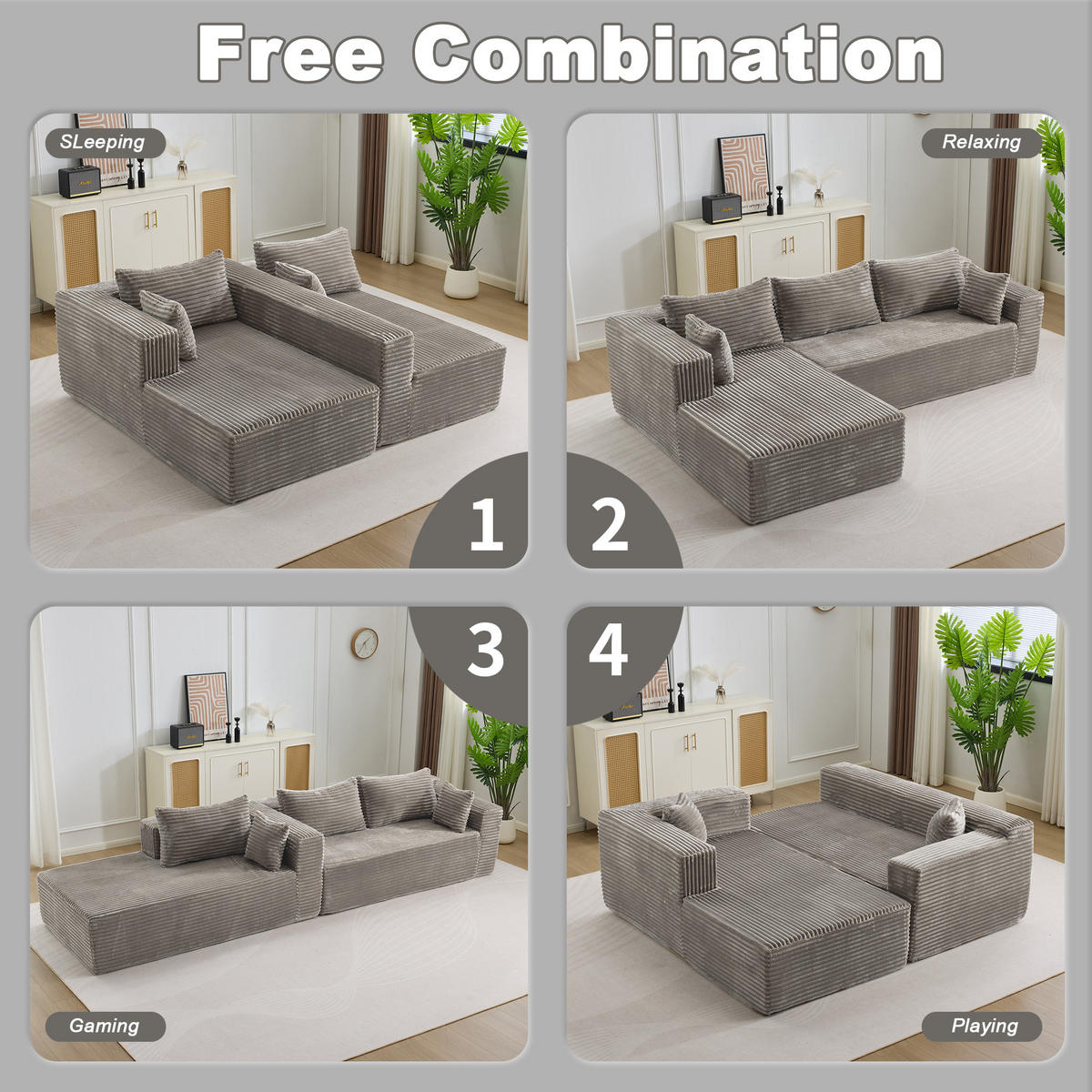 SOFA modulares Ecksofa L-Form Cord Grau 2-tlg. - Grau, Kunststoff (179/279cm) - Meubliv