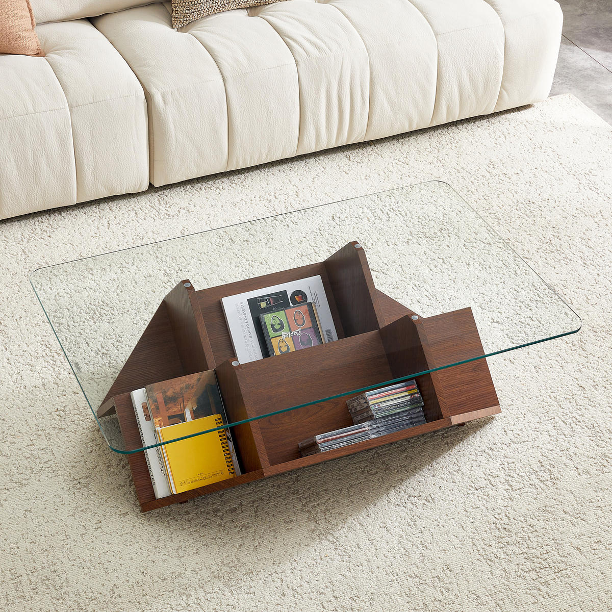 COUCHTISCH DE-37392 mit Glasplatte und mehrstufigem Stauraum Walnuss - Walnussfarben, Holzwerkstoff (103/63/33.5cm) - ComfortXL