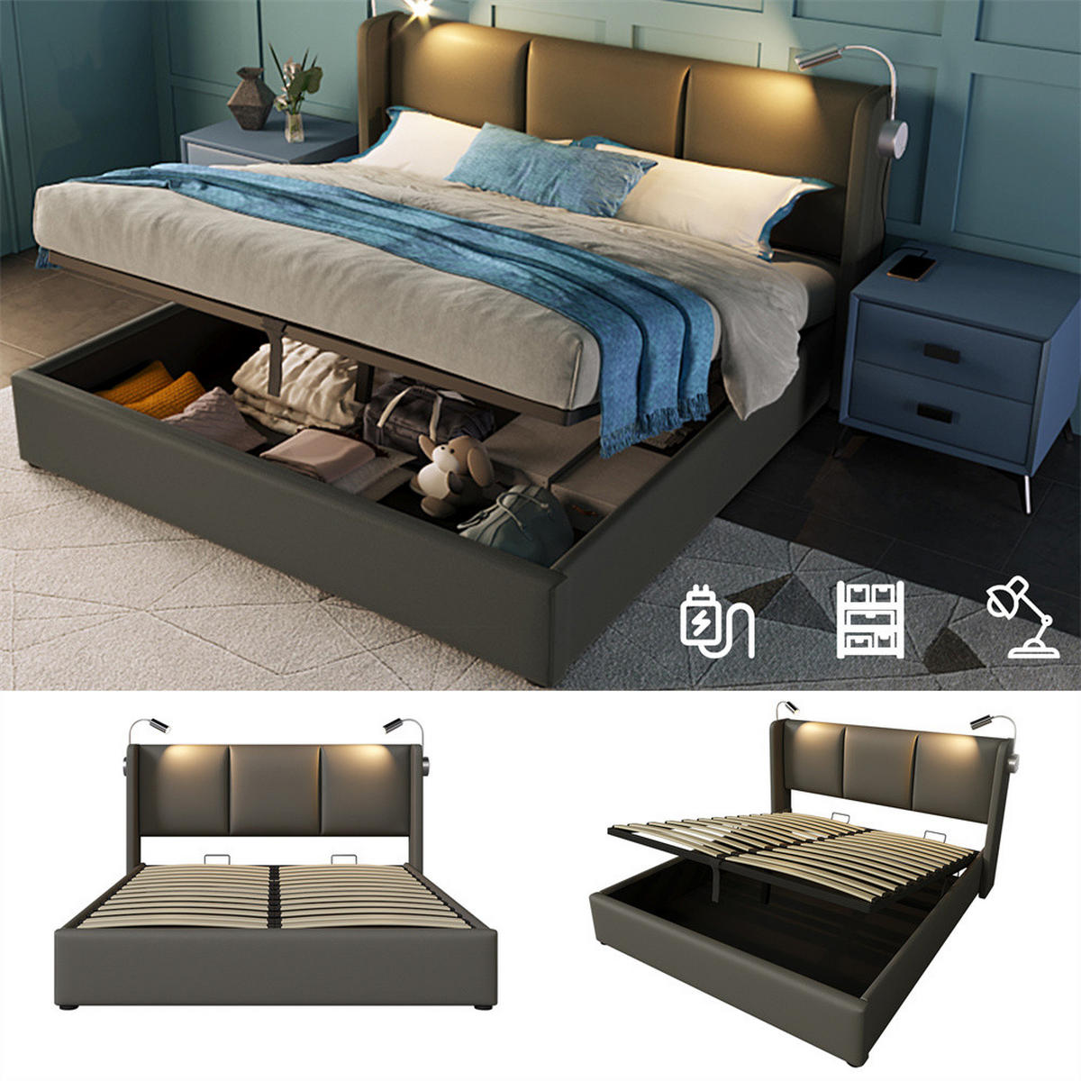 POLSTERBETT 140/200 cm in Grau PU mit mit USB Ladefunktion Kopfteil - Grau, Holz/Textil (140/200cm) - KOMHTOM