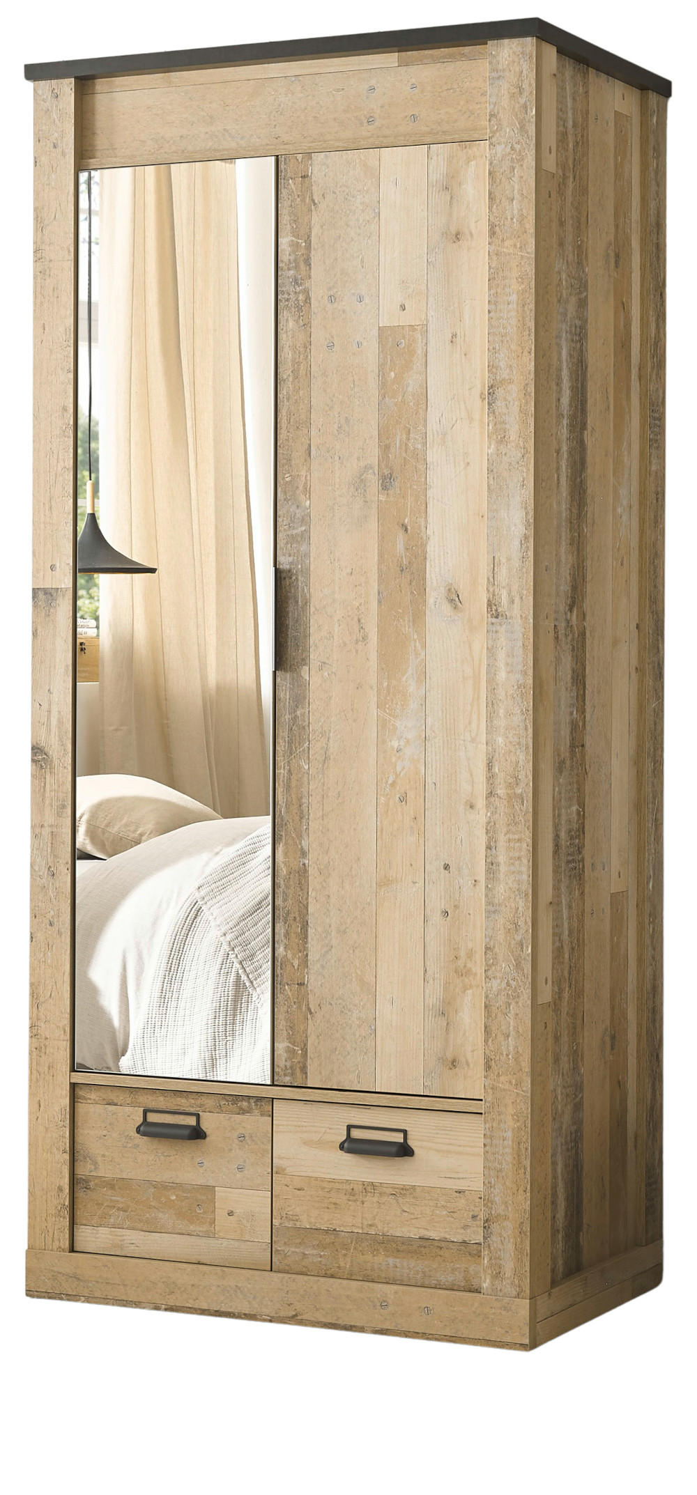 KLEIDERSCHRANK Used Wood hell, dunkles Grau 93 x 209 cm, Drehtürenschrank 2-türig mit Spiegel - Dunkelgrau/Schwarz, Glas/Holzwerkstoff (93/209/63cm) - Furn.Design