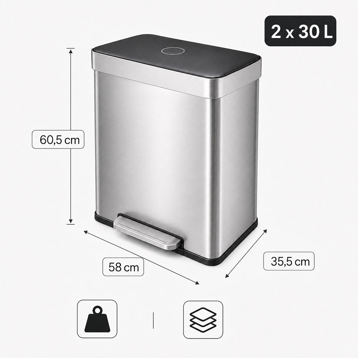 MÜLLEIMER Silber 30 l Pedal - Silberfarben, Kunststoff/Metall (58/60.5/35.5cm) - Relaxdays