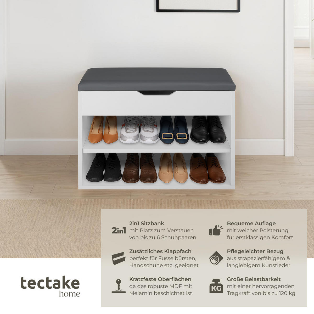 SCHUHBANK Jasmina,60 x 30 x 43,5 cm,weiß - Weiß, Holz (30/43.5/60cm) - tectake