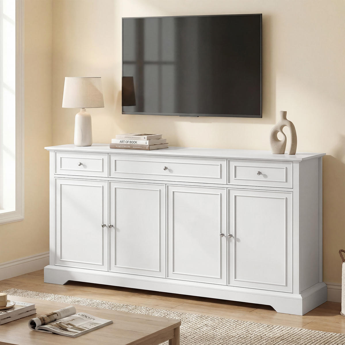 SIDEBOARD DE-11341 3 Schubladen, 4 Soft-Close Türen Weiß - Weiß, Holzwerkstoff (136/80/38cm) - ComfortXL