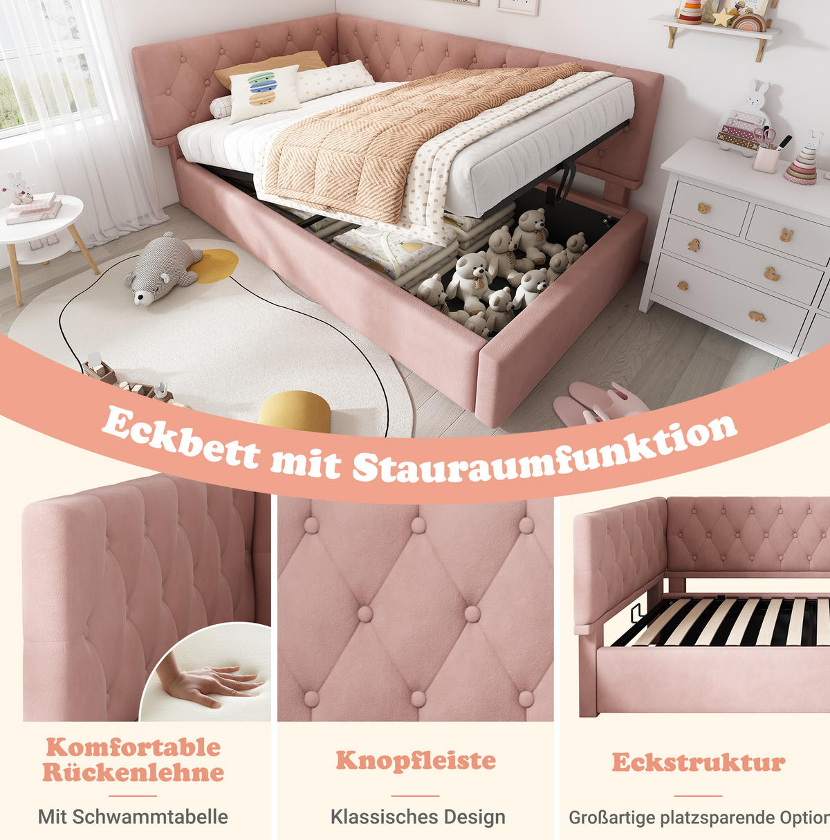 POLSTERBETT 90/200 cm Rosa aus Samt mit Stauraum - Pink, Textil (90/200cm) - OKMYHOME