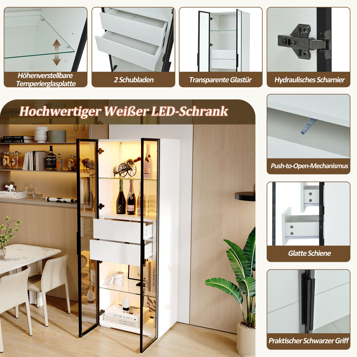 VITRINE LED Gehärtetes Glas 2 Glasböden 2 Schubladen Weiß - Multicolor, Glas (60/160/40cm) - FLIEKS