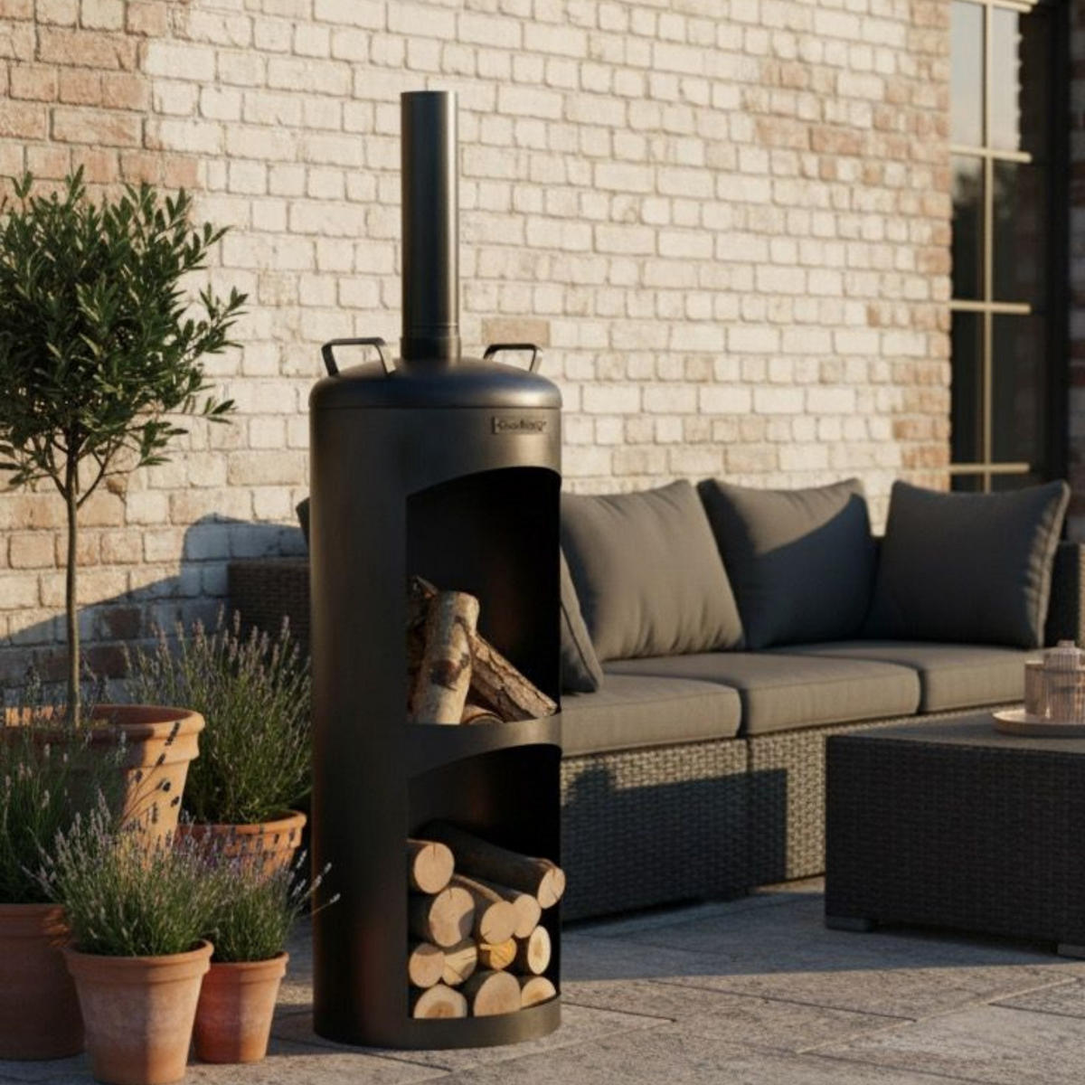 GARTENOFEN Stahl rund 158 cm mit Brennkammer & Holzlager - Schwarz, Metall (40/158/40cm) - Mr. Deko