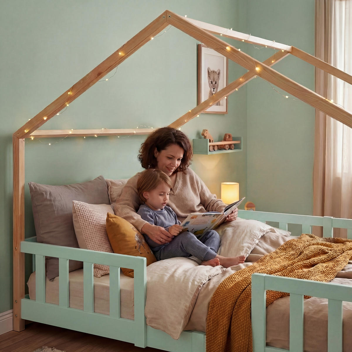 HAUSBETT Treviolo - Naturfarben/Mintgrün, Holz (140/200cm) - [en.casa]