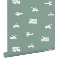 TAPETE Autos, Löschfahrzeuge, Hubschrauber und Kräne 53 cm x 10.05 m - Blau, Papier (53/0.1cm) - ESTAhome