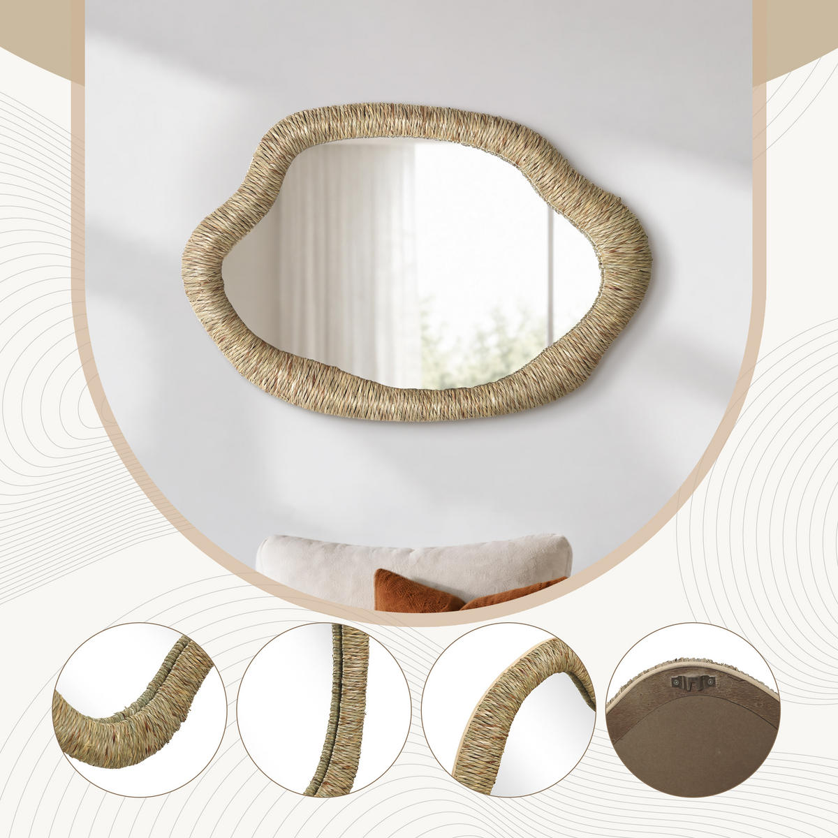 50CM Wandspiegel HTA0407 - Dunkelgelb, Naturmaterialien (3.5/75/50cm) - Hometopia
