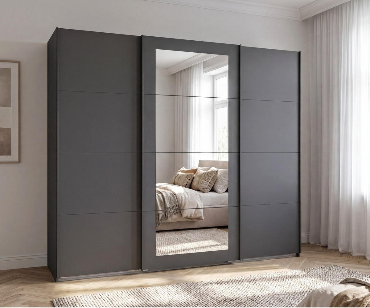 SCHWEBETÜRENSCHRANK 3-türig B225/H208/64 cm Kleiderschrank in Grafit, mittig Spiegel, Griffe Schwarz / 22627 - Schwarz/Graphitfarben, Holzwerkstoff/Metall (225/208/64cm) - luma-home