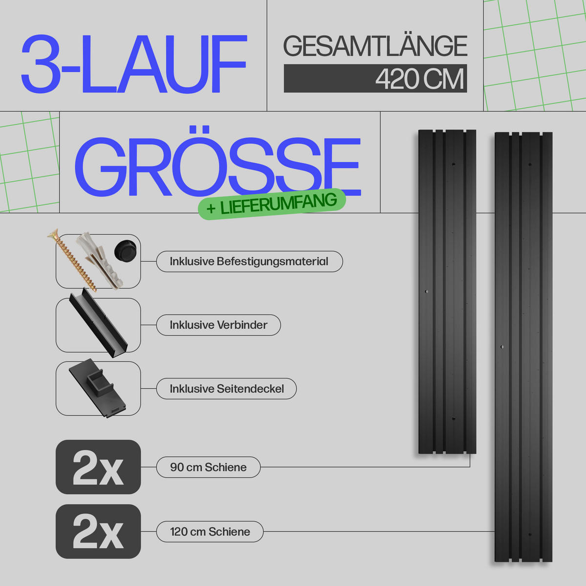 GARDINENSCHIENE 420cm (2x90/2x120cm) 3-läufig - Schwarz, Kunststoff (10/1.8/420cm)