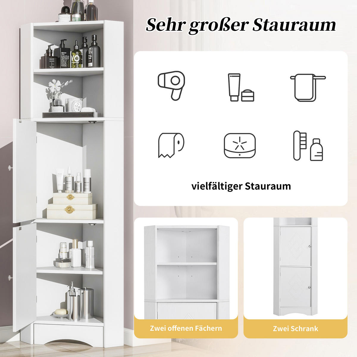 BADEZIMMERSCHRANK in Weiß mit Ablagefächern und offenen Fächern für Badezimmer, B36.5/T36.5/H155 cm - Weiß, Holzwerkstoff (36.5/155/36.5cm) - STILVORA