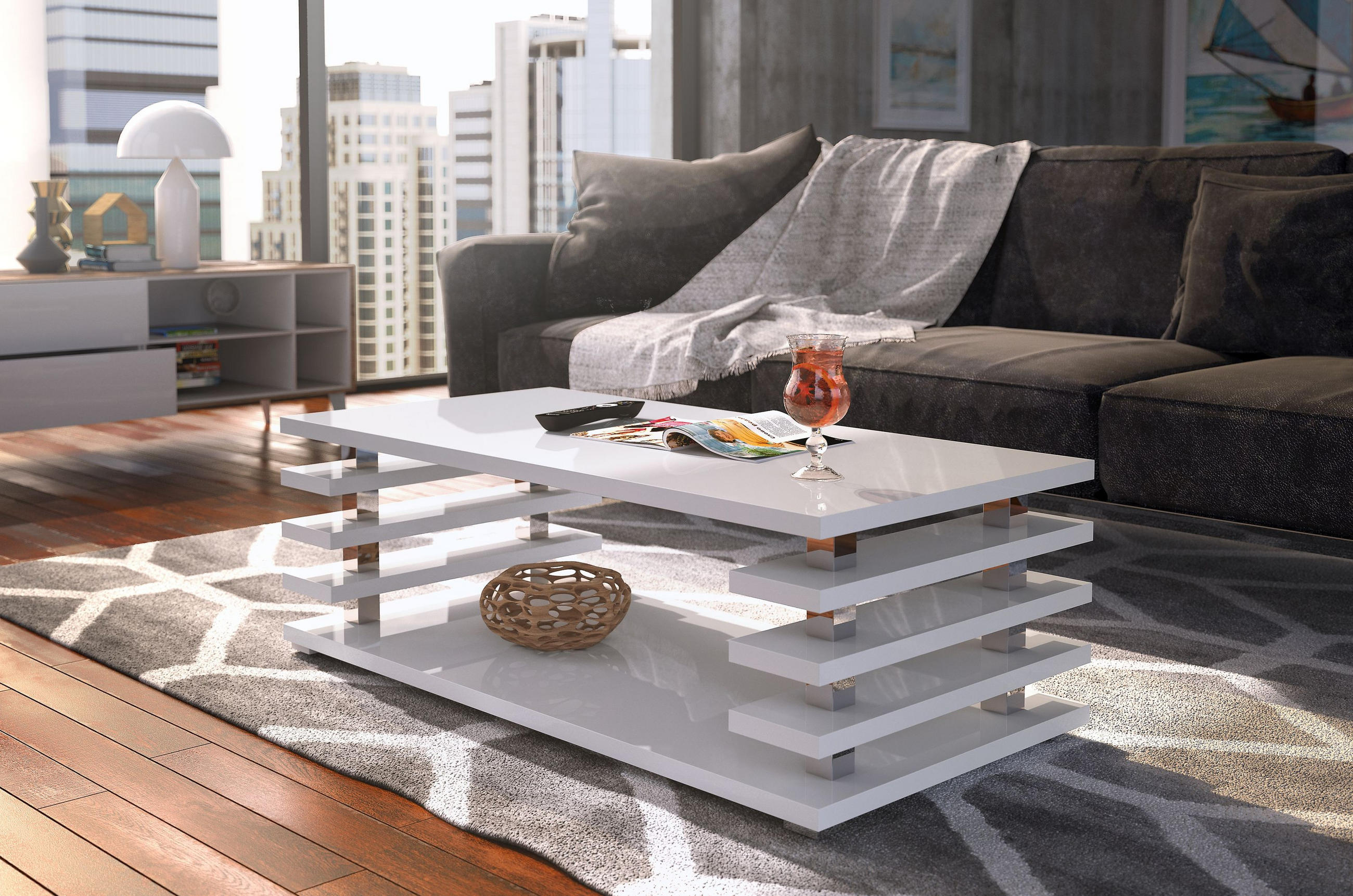 COUCHTISCH rechteckig Weiß Hochglanz Ablage 120/40/60 cm - Weiß Hochglanz, Holzwerkstoff (60/120/40cm) - designimpex